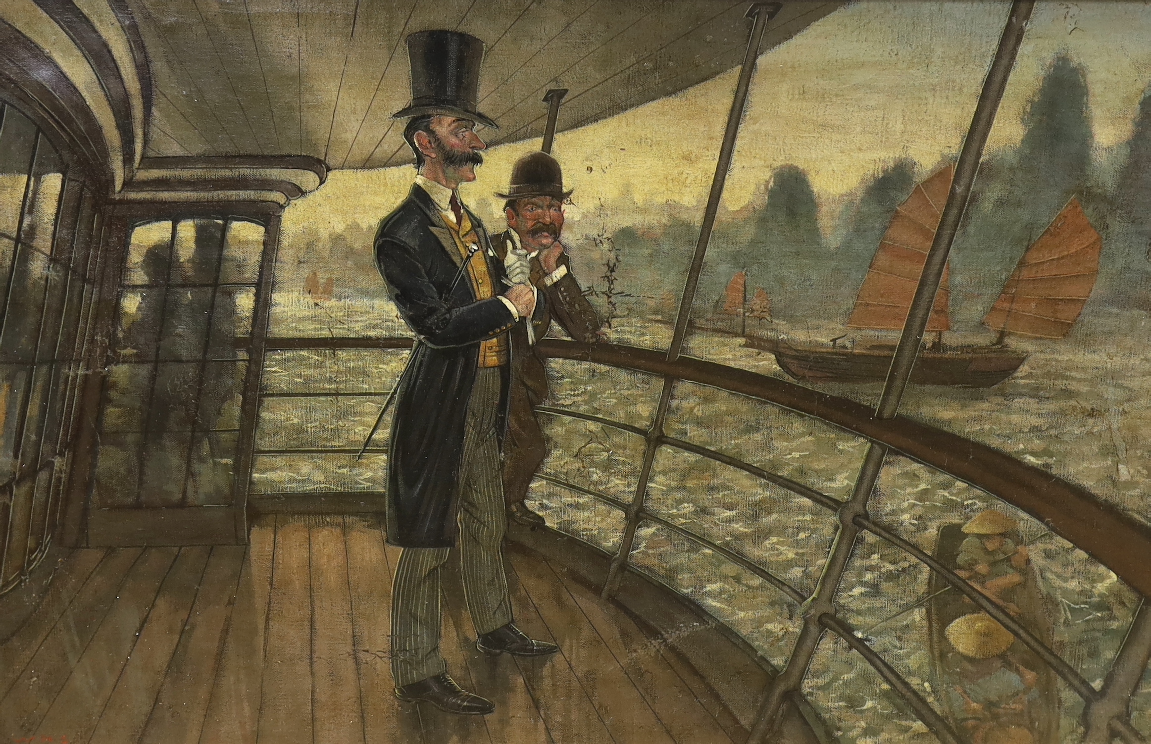 Hong Kong School, oil on canvas, Two figures on a deck before junks, 57 x 89cm